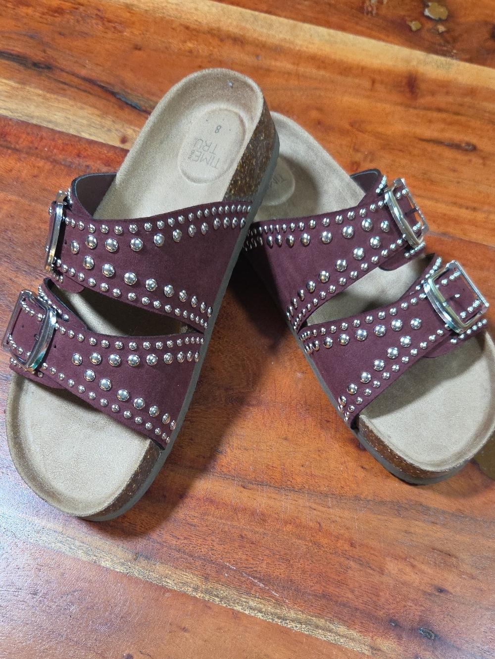 Time and Tru Burgundy Studded Double-Buckle Slide Mules